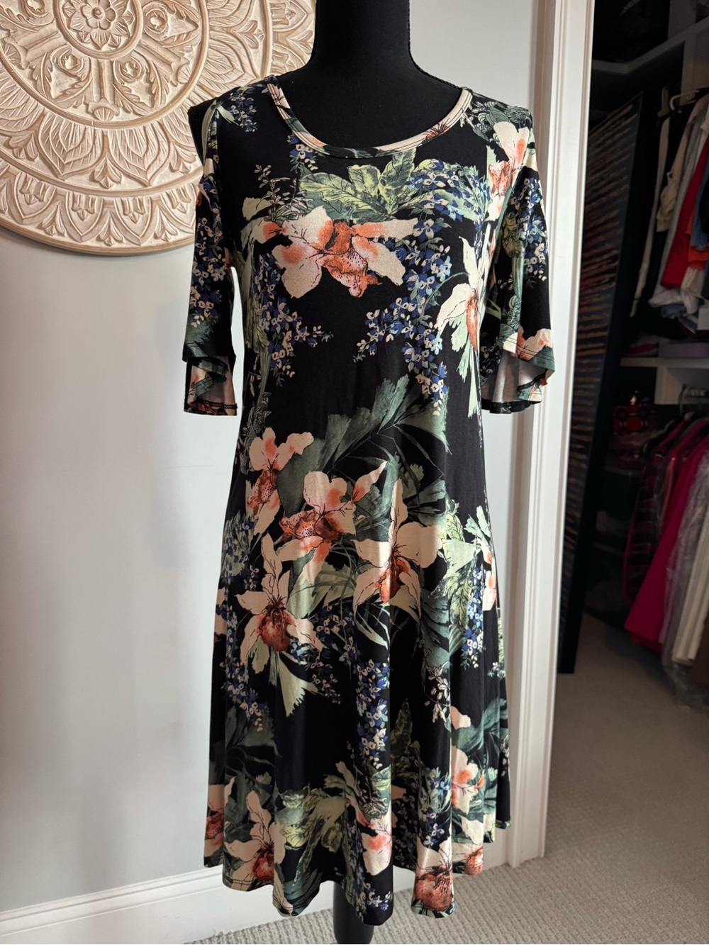 Karen Kane medium Floral Swing cold shoulder Dress - Black with Peach & Green